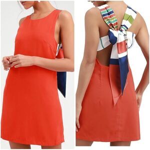 New Lulus Joyful Red Orange Multi Stripe Tie-Back Mini Dress XL Colorful halter